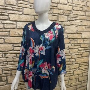 Alfred Dunner Navy Floral V-Neck Blouse